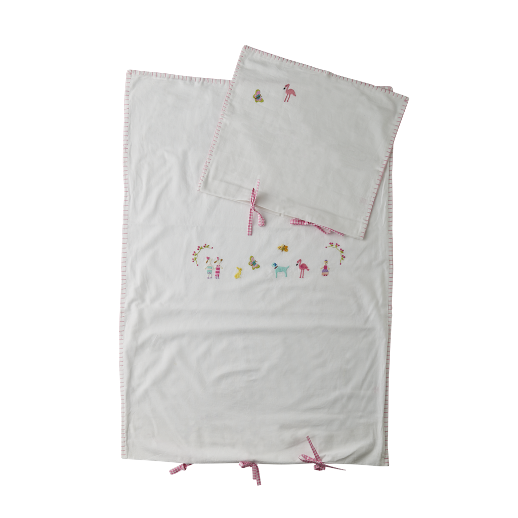 Baby Bed Linen Set White with Pink Embroidery Rice DK Vibrant Home